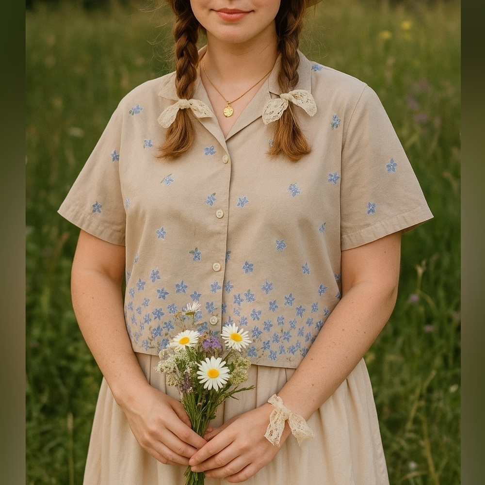Vintage Beige Button-Down Crop Shirt with Light Blue Floral Embroidery